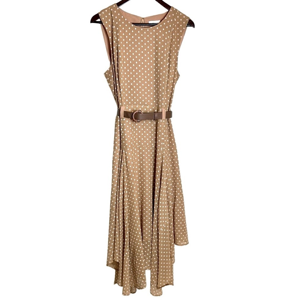 Calvin Klein Tan Polka Dot Belted Handkerchief Hem Midi Sleeveless Dress Size 14 - Picture 4 of 17